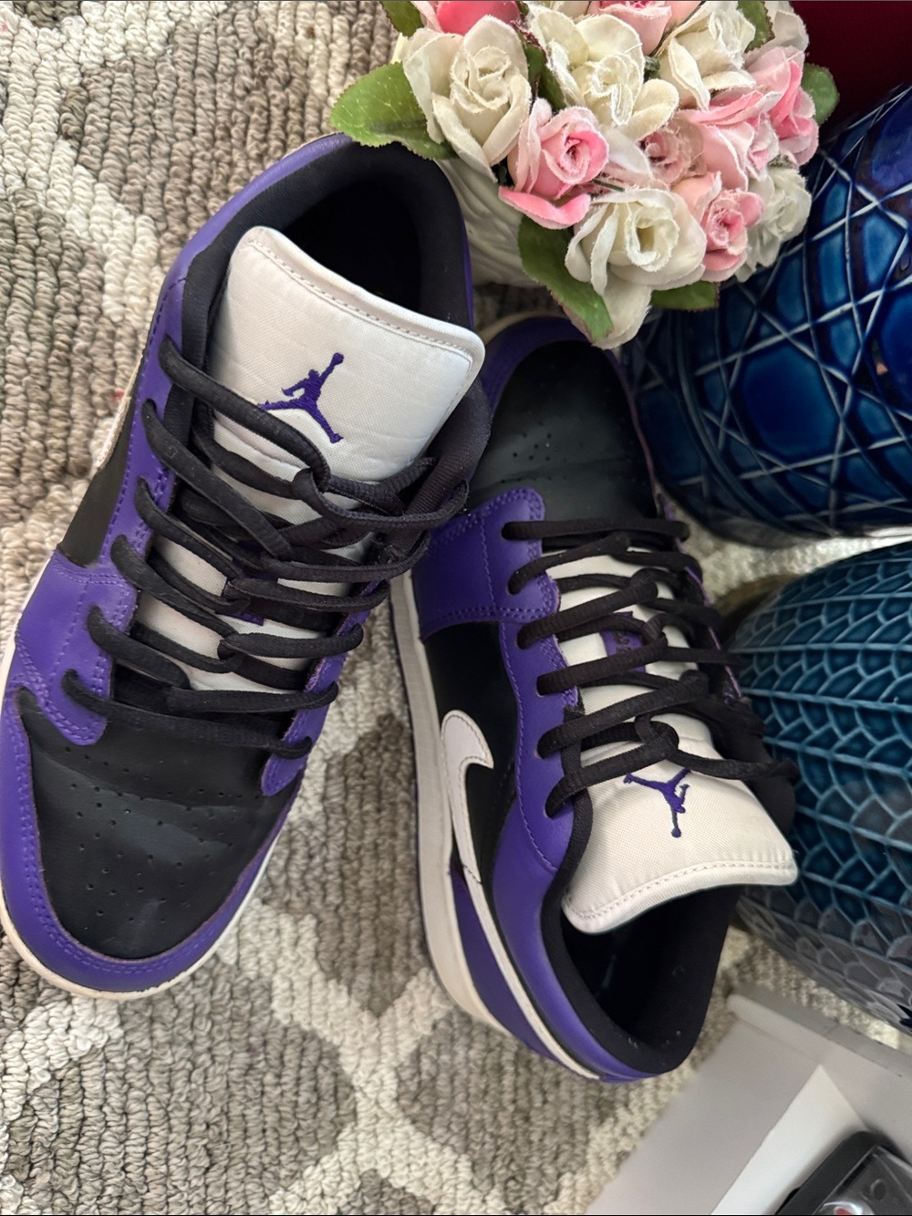 Jordan Low Top Sneakers in Black, Purple & White